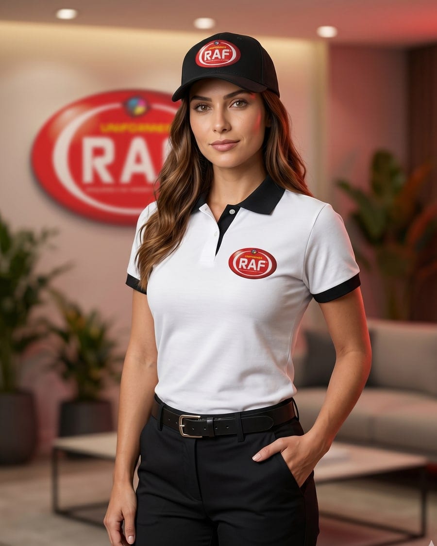 Funcionária RAF Uniformes vestindo o uniforme oficial — polo branca com bordado RAF e boné com logo, em ambiente da loja