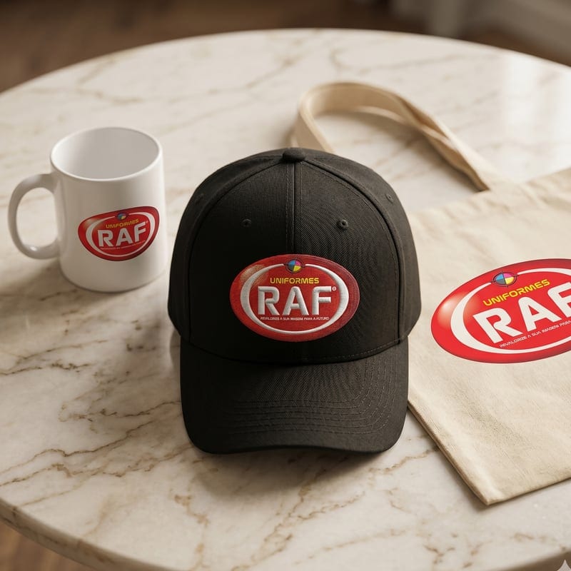 Boné, caneca e ecobag com logo RAF — exemplo de brindes corporativos personalizados pela RAF