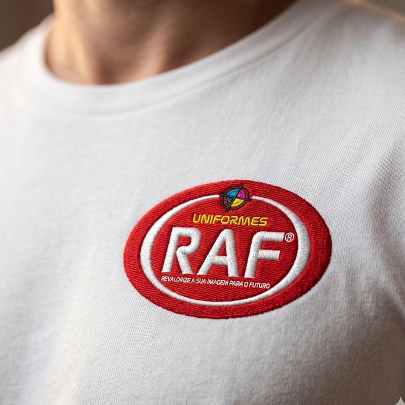 Close-up do bordado RAF Uniformes em camiseta branca, mostrando textura de fios reais — qualidade de bordado RAF