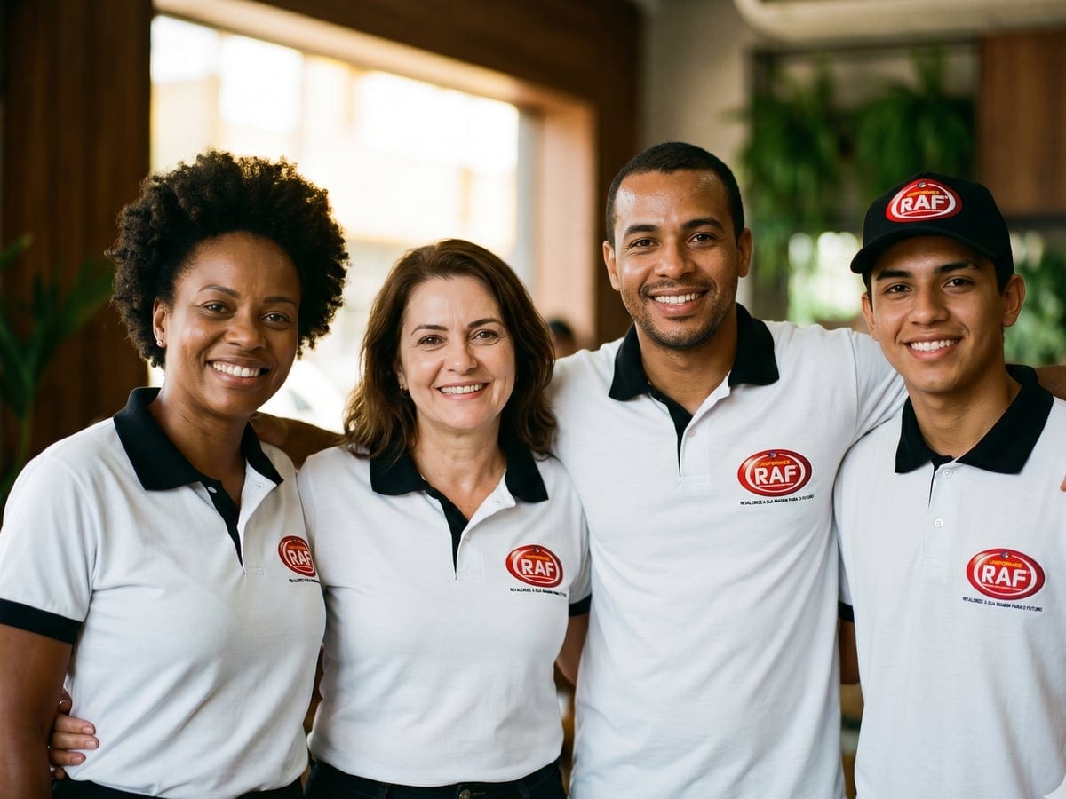 Equipe de quatro pessoas vestindo polo branca com bordado RAF Uniformes — exemplo de time de comércio uniformizado pela RAF